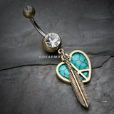 Vintage Boho Peace Heart with Feather Belly Button Ring-Brass/Clear/Turquoise