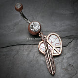 Vintage Boho Peace Heart with Feather Belly Button Ring-Copper/Clear/White