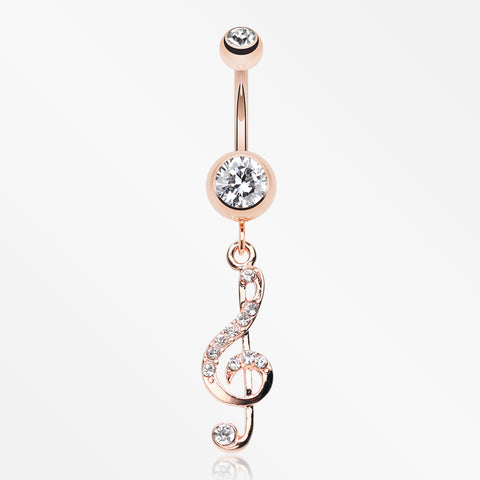 Rose Gold G Clef Sparkle Belly Button Ring-Clear