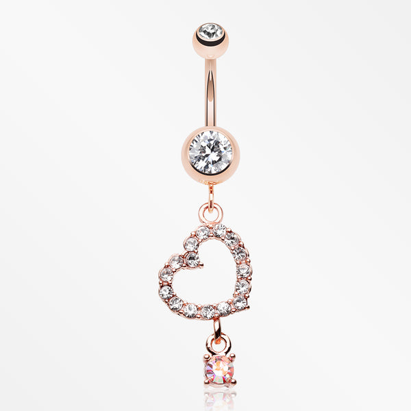 Rose Gold Shimmering Heart Gem Belly Button Ring-Clear