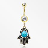 Golden Vintage Turquoise Hamsa Belly Button Ring-Clear