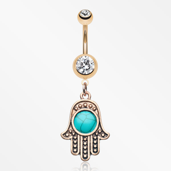 Rose Gold Vintage Turquoise Hamsa Belly Button Ring-Clear