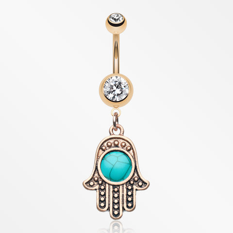 Rose Gold Vintage Turquoise Hamsa Belly Button Ring-Clear