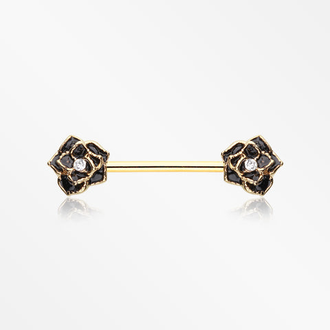 A Pair of Golden Rose Sparkle Nipple Barbell Ring-Black/Clear