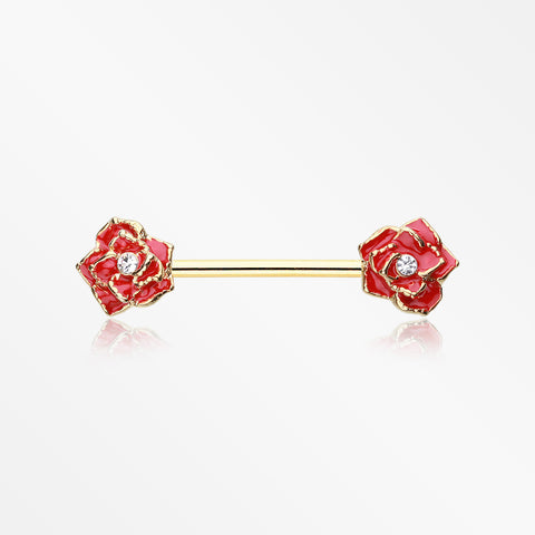 A Pair of Golden Rose Sparkle Nipple Barbell Ring-Red/Clear