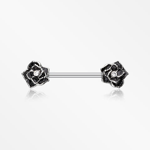 A Pair of Classic Rose Sparkle Nipple Barbell Ring-Black/Clear