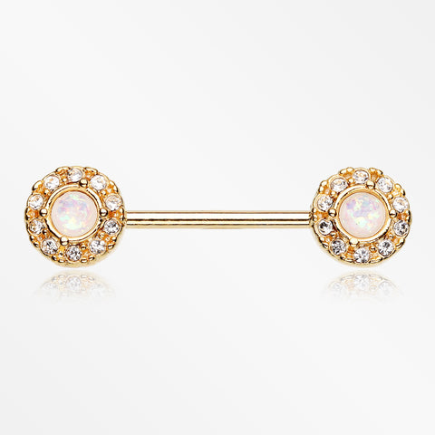 A Pair of Golden Opal Elegance Nipple Barbell Ring-Clear/White