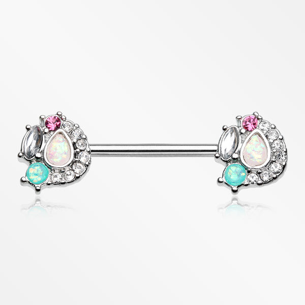 A Pair of Sparkle Opal Medley Nipple Barbell Ring-Clear/Teal