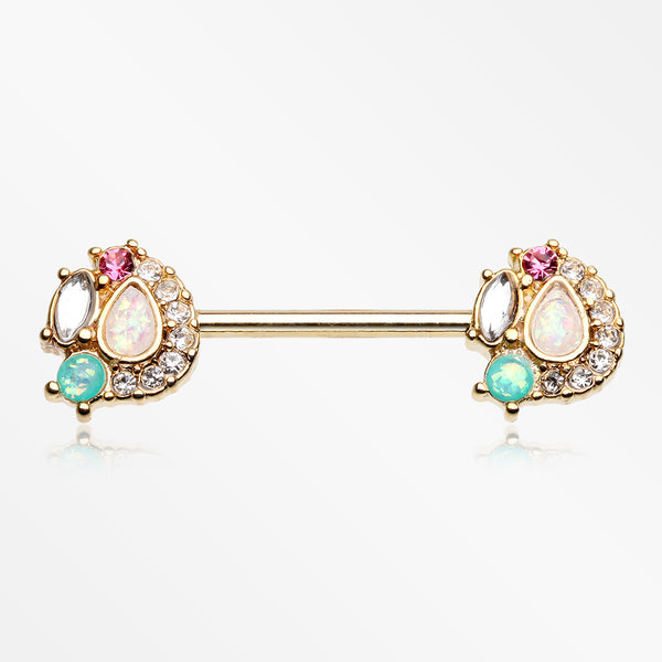 A Pair of Golden Sparkle Opal Medley Nipple Barbell Ring-Clear/Teal