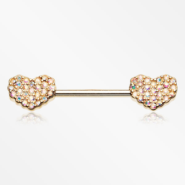 A Pair of Golden Sparkle Multi-Gem Heart Nipple Barbell Ring-Aurora Borealis