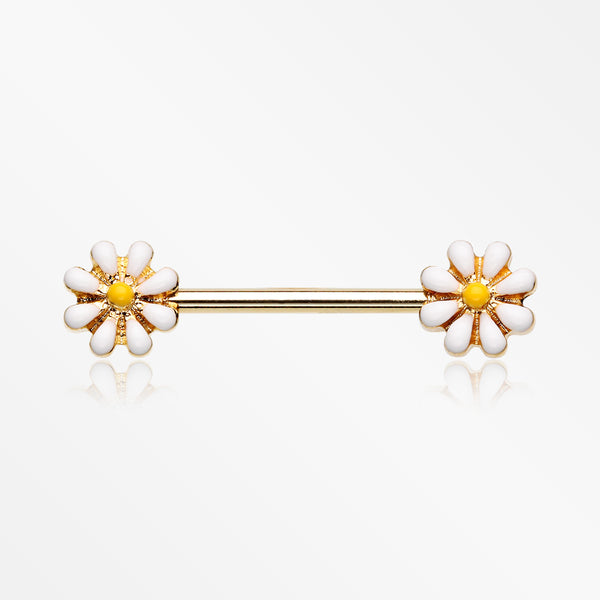 A Pair of Golden Spring Blossom Flower Nipple Barbell Ring-White/Yellow