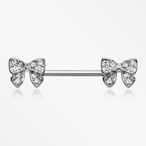 A Pair of Dainty Bow-Tie Sparkle Nipple Barbell Ring-Clear