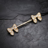 A Pair of Golden Dainty Bow-Tie Sparkle Nipple Barbell Ring-Clear