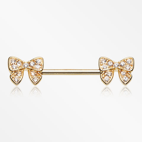 A Pair of Golden Dainty Bow-Tie Sparkle Nipple Barbell Ring-Clear