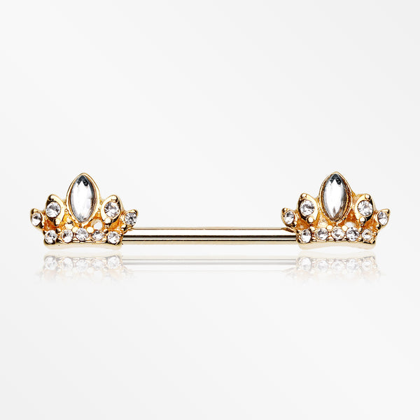 A Pair of Golden Tiara Crown Sparkle Nipple Barbell Ring-Clear