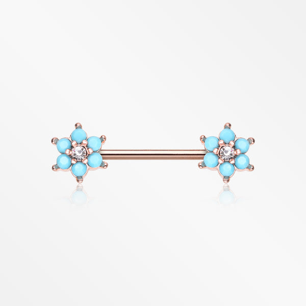 A Pair of Rose Gold Turquoise Spring Flower Sparkle Nipple Barbell