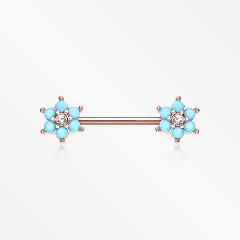 A Pair of Rose Gold Turquoise Spring Flower Sparkle Nipple Barbell