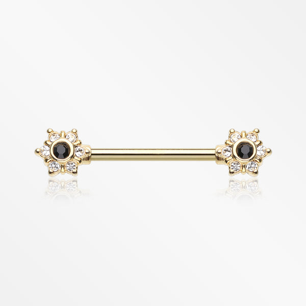 A Pair of Golden Brilliant Sparkle Spring Flower Nipple Barbell-Clear/Black
