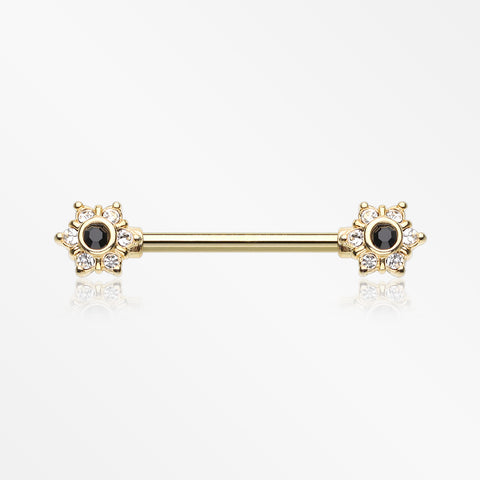 A Pair of Golden Brilliant Sparkle Spring Flower Nipple Barbell-Clear/Black