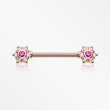 A Pair of Rose Gold Brilliant Sparkle Spring Flower Nipple Barbell-Clear/Fuchsia
