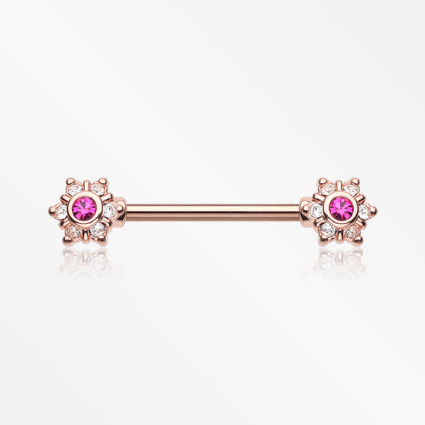 A Pair of Rose Gold Brilliant Sparkle Spring Flower Nipple Barbell-Clear/Fuchsia
