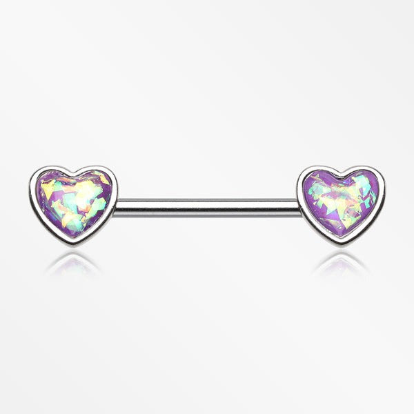 A Pair of Opalescent Heart Sparkle Nipple Barbell-Purple
