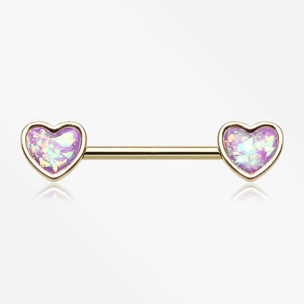 A Pair of Golden Opalescent Heart Sparkle Nipple Barbell-Purple
