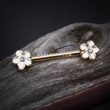 A Pair of Golden Plumeria Flower Sparkle Nipple Barbell-White/Clear
