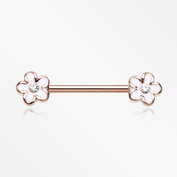 A Pair of Rose Gold Plumeria Flower Sparkle Nipple Barbell-White/Clear