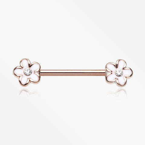 A Pair of Rose Gold Plumeria Flower Sparkle Nipple Barbell-White/Clear