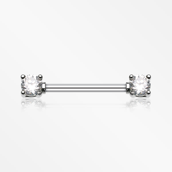 A Pair of Double Prong Gem Nipple Barbell Ring-Clear