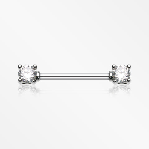 A Pair of Double Prong Gem Nipple Barbell Ring-Clear