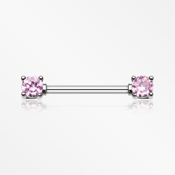 A Pair of Double Prong Gem Nipple Barbell Ring-Pink