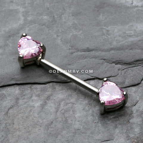 Detail View 1 of A Pair of Double Heart Gem Nipple Barbell Ring-Pink