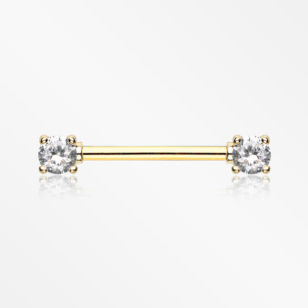 A Pair of Golden Double Prong Gem Nipple Barbell Ring-Clear