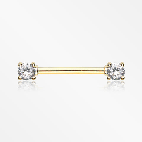 A Pair of Golden Double Prong Gem Nipple Barbell Ring-Clear