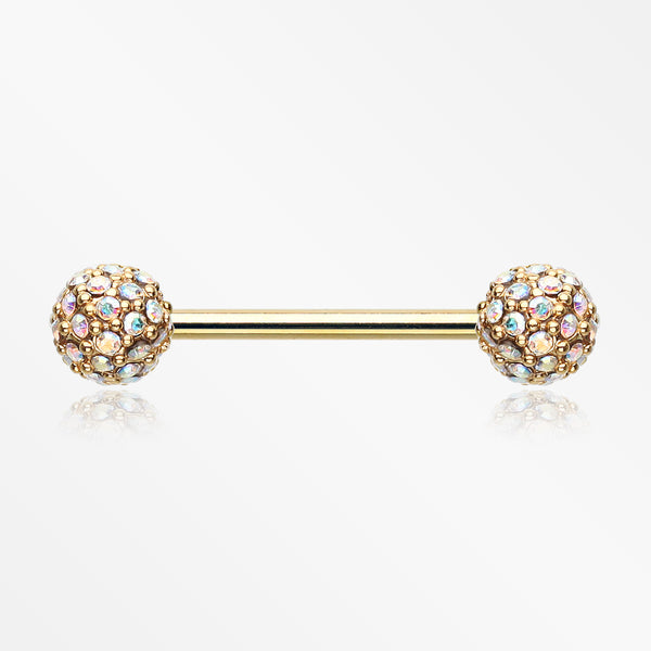A Pair of Golden Sparkle Multi-Gem Paved Nipple Barbell Ring-Aurora Borealis