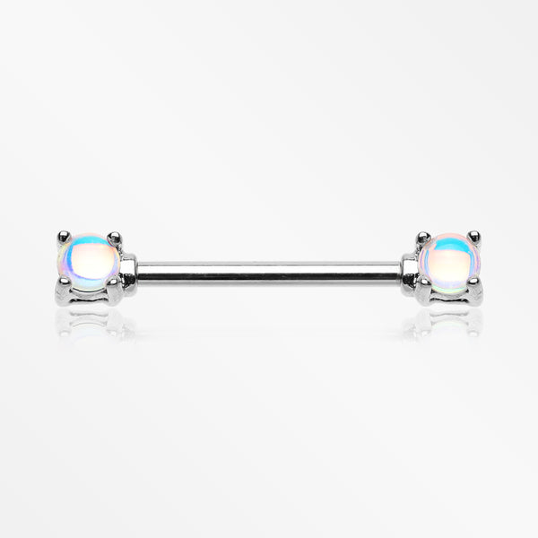 A Pair of Iridescent Revo Double Prong Gem Nipple Barbell