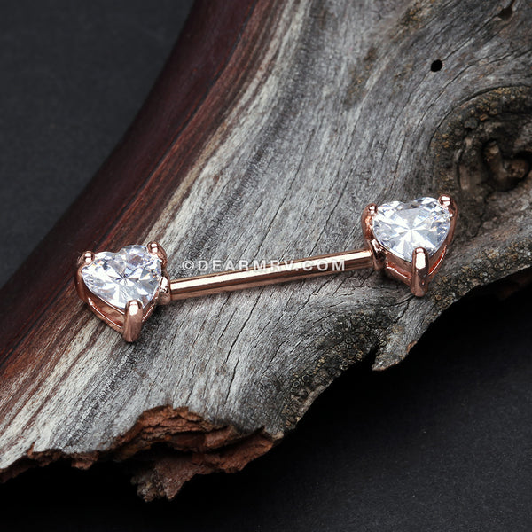 Detail View 1 of A Pair of Rose Gold Brilliant Heart Sparkle Prong Set Nipple Barbell-Clear Gem