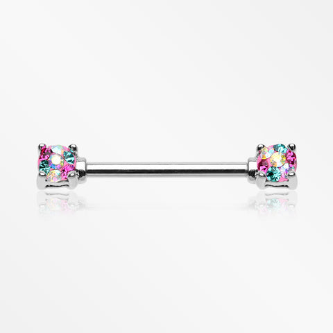 A Pair of Motley Sprinkle Dot Multi-Gem Sparkle Prong Set Nipple Barbell-Miami