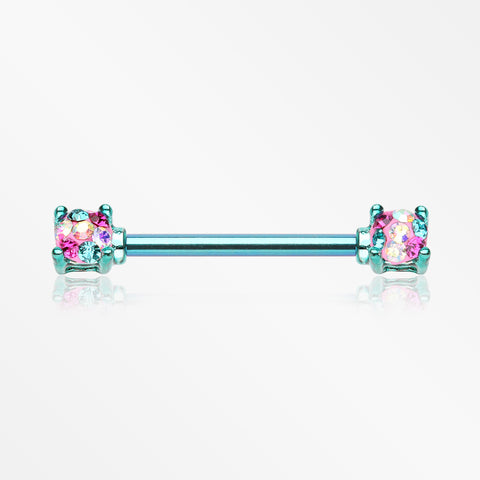 A Pair of Colorline Motley Multi-Gem Sprinkle Sparkle Prong Set Nipple Barbell-Teal/Miami