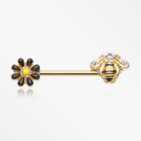A Pair of Golden Sweet Daisy Bumble Bee Nipple Barbell-Clear/Aqua