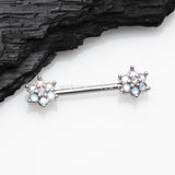 A Pair of Iridescent Revo Spring Flower Sparkle Nipple Barbell-Clear