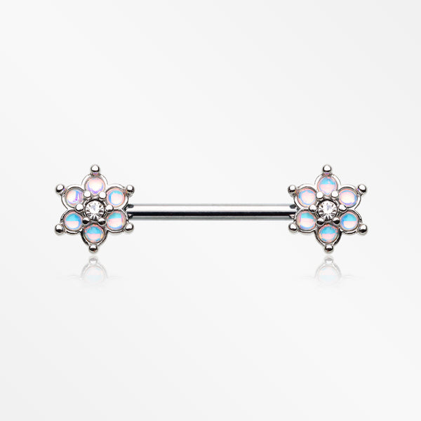A Pair of Iridescent Revo Spring Flower Sparkle Nipple Barbell-Clear