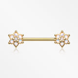 A Pair of Golden Moonstone Sparkle Spring Flower Nipple Barbell-Clear
