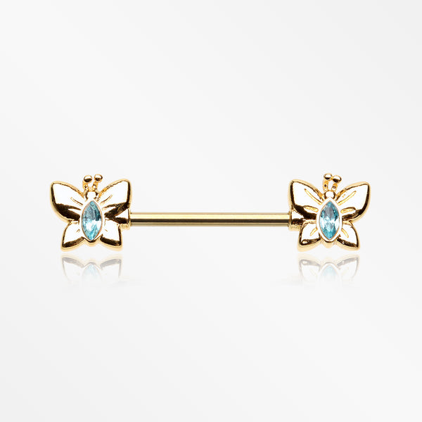 A Pair of Golden Marquise Sparkle Butterfly Nipple Barbell-Aqua
