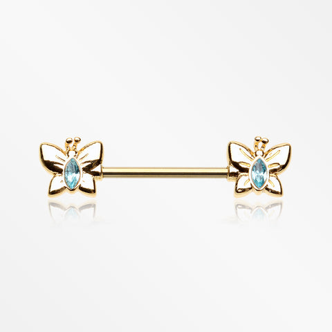 A Pair of Golden Marquise Sparkle Butterfly Nipple Barbell-Aqua