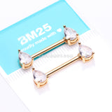 A Pair of Golden Brilliant Teardrop Prong Sparkle Nipple Barbell-Clear Gem