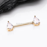A Pair of Golden Brilliant Teardrop Prong Sparkle Nipple Barbell-Clear Gem
