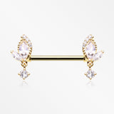 A Pair of Golden Elegant Marquise Leaflet Dangle Sparkle Nipple Barbell-Clear Gem